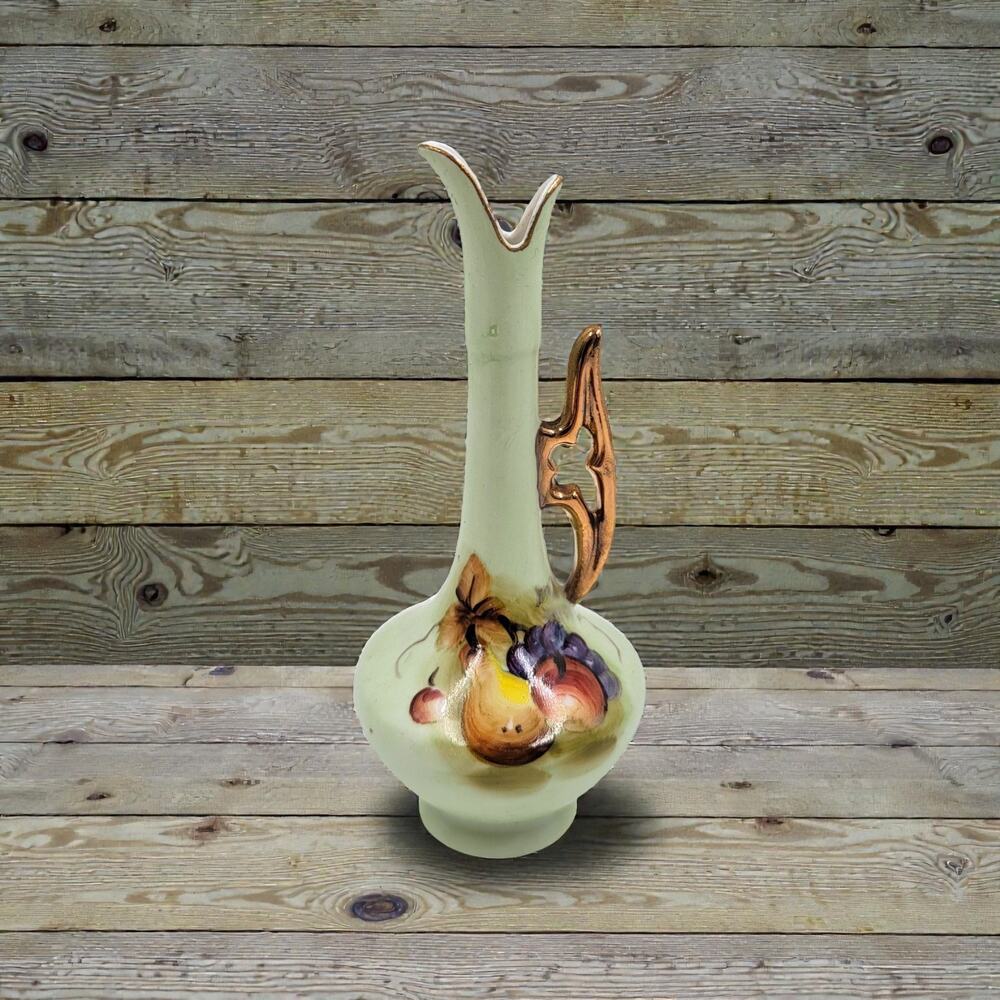 Lefton China 6287 Hand Painted Bud Vase Pale Green Gold Handle 5.5” Japan